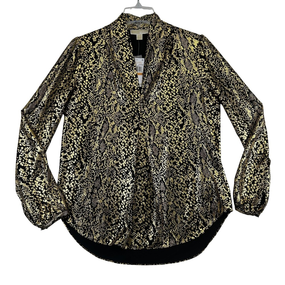 Michael Michael Kors Blouse Womens Small Black Gold Metallic Animal Tunic Top